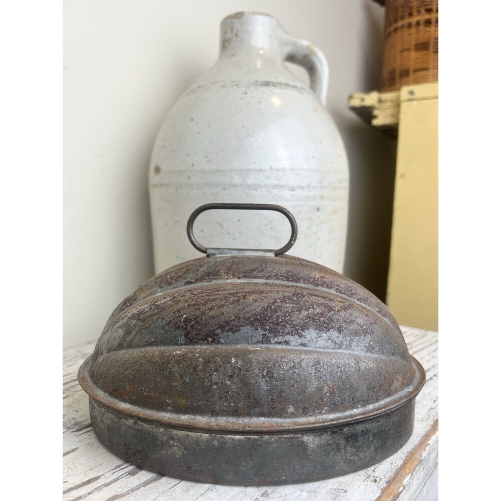 Vintage Oval Country Scalloped Serving Tray Dome, Mold, Dish W/Rust Worn Patina